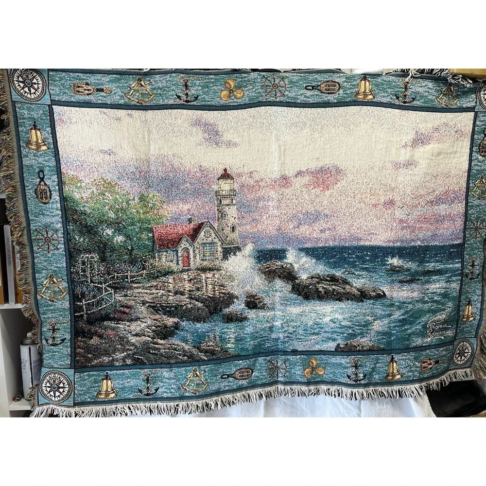 Thomas Kinkade Painter of Light Lighthouse Tapestry Throw Blanket Made in USA